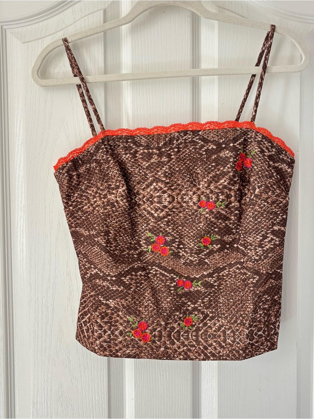 XOXO Brown Snake-Print Floral Embroidered Cami with Orange Trim
